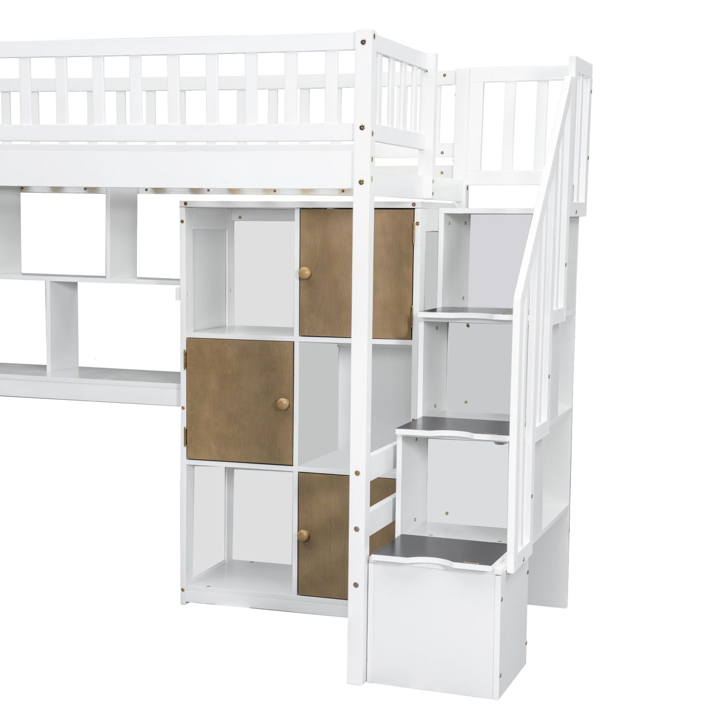 Loft bed with built-in L-shaped desk, white frame, storage cabinets and stairs by HouseOfZazla on Tampa Home & Garden Store