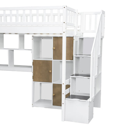 Loft bed with built-in L-shaped desk, white frame, storage cabinets and stairs by HouseOfZazla on Tampa Home & Garden Store