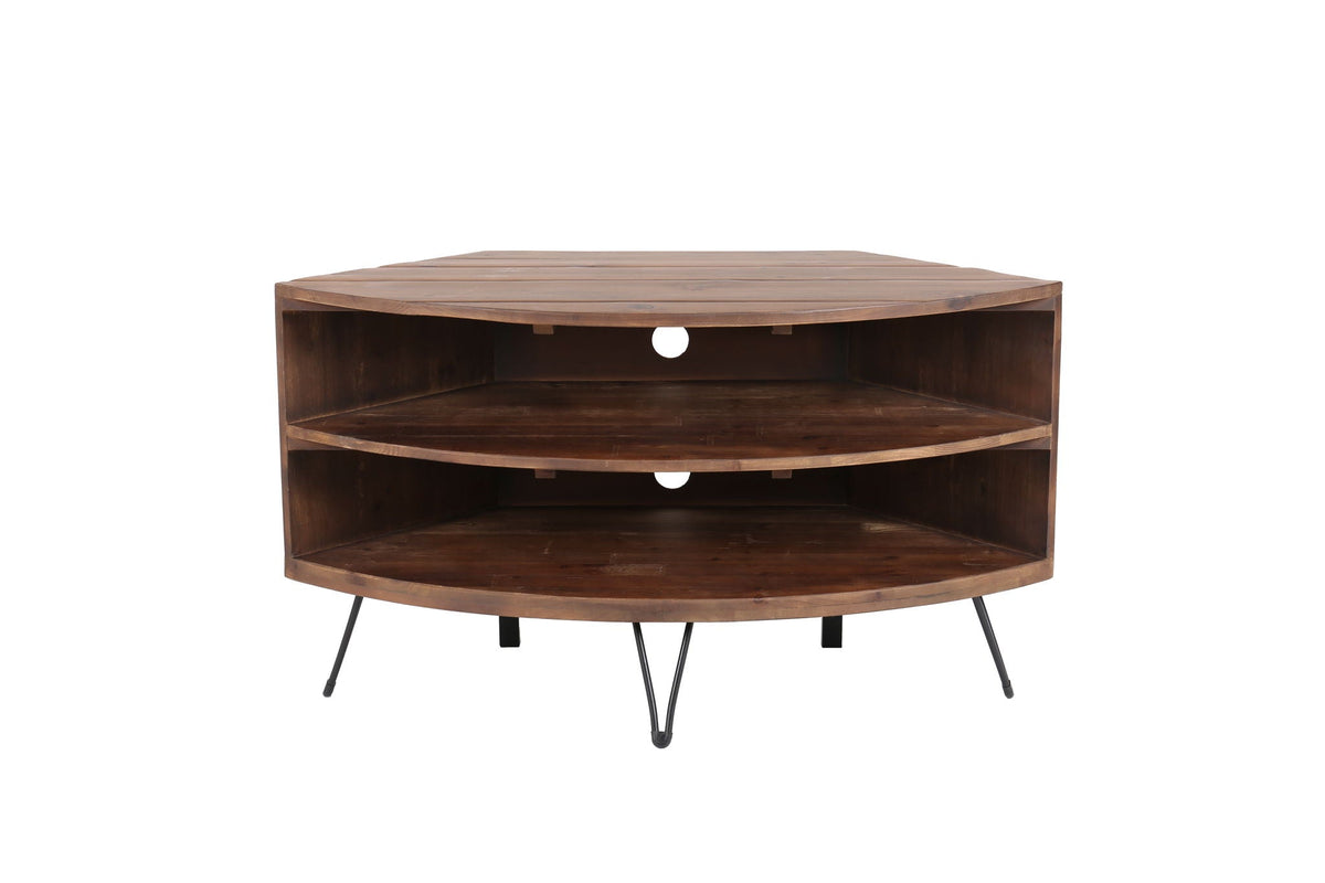 Fan Shape Reclaimed Wood Corner Media Table by HouseOfZazla with curved shelves and cord holes on Tampa Home & Garden Store