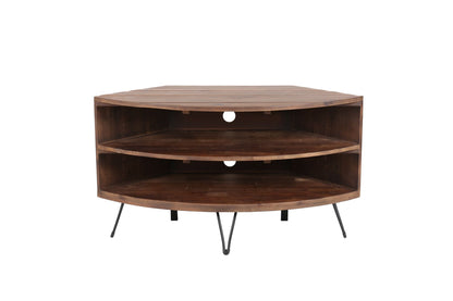 Fan Shape Reclaimed Wood Corner Media Table by HouseOfZazla with curved shelves and cord holes on Tampa Home & Garden Store