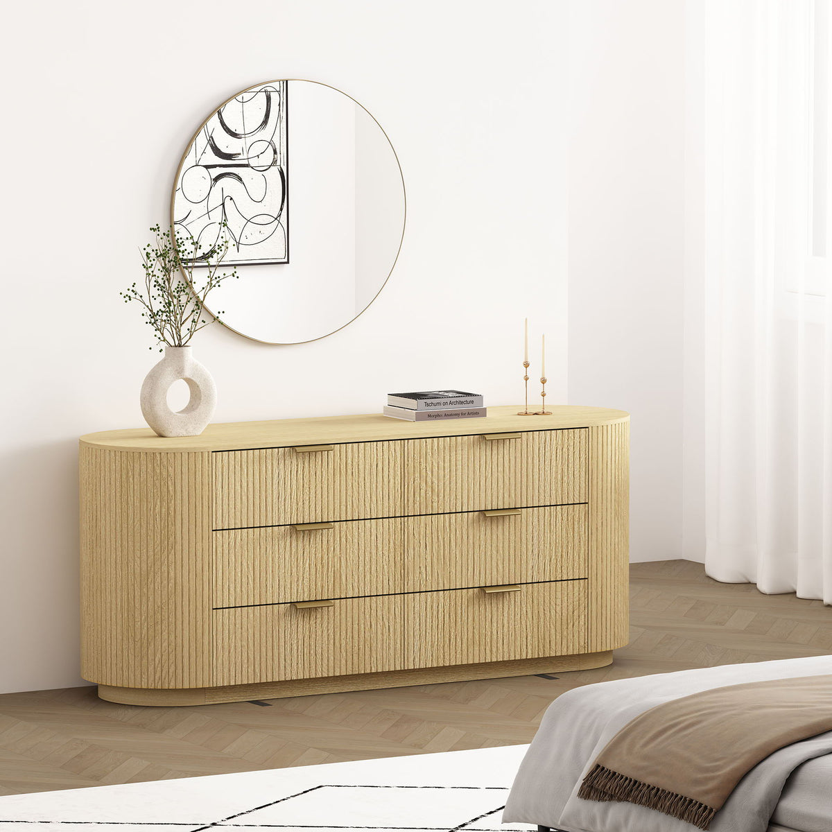 Olivia Double Dresser with 6 Drawers in Oak wood, vertical grooved fronts on Tampa Home & Garden Store