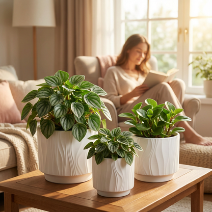 3-Piece White Stoneware Planter Pot Set with Embossed Texture