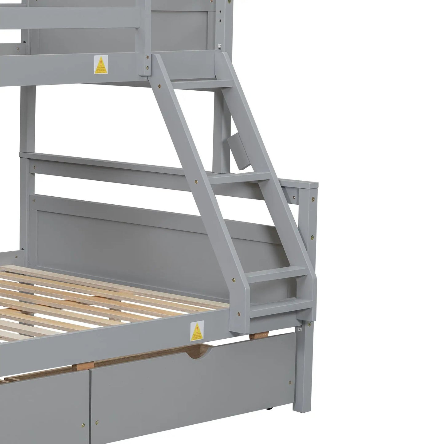 Bunk bed with ladder and safety guardrail, gray-painted wood frame with wood slat base on Tampa Home & Garden Store