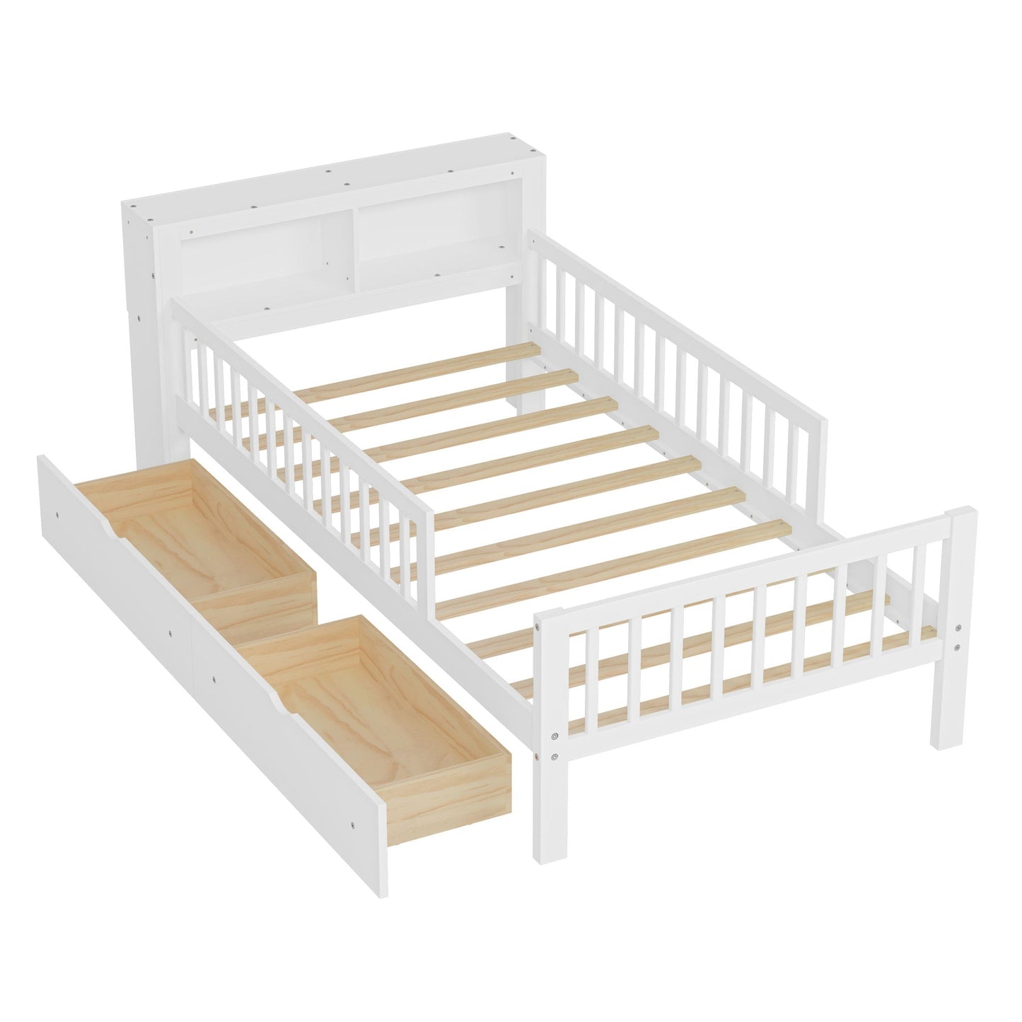 HouseOfZazla white storage bed with headboard storage rack, 2 under-bed drawers, 3 side guardrails on Tampa Home & Garden Store