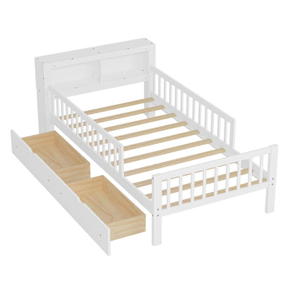 HouseOfZazla white storage bed with headboard storage rack, 2 under-bed drawers, 3 side guardrails on Tampa Home & Garden Store