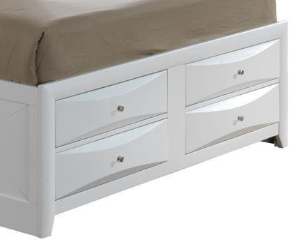 Modern white storage bed with bookcase headboard and multiple under-bed drawers on both sides on Tampa Home & Garden Store