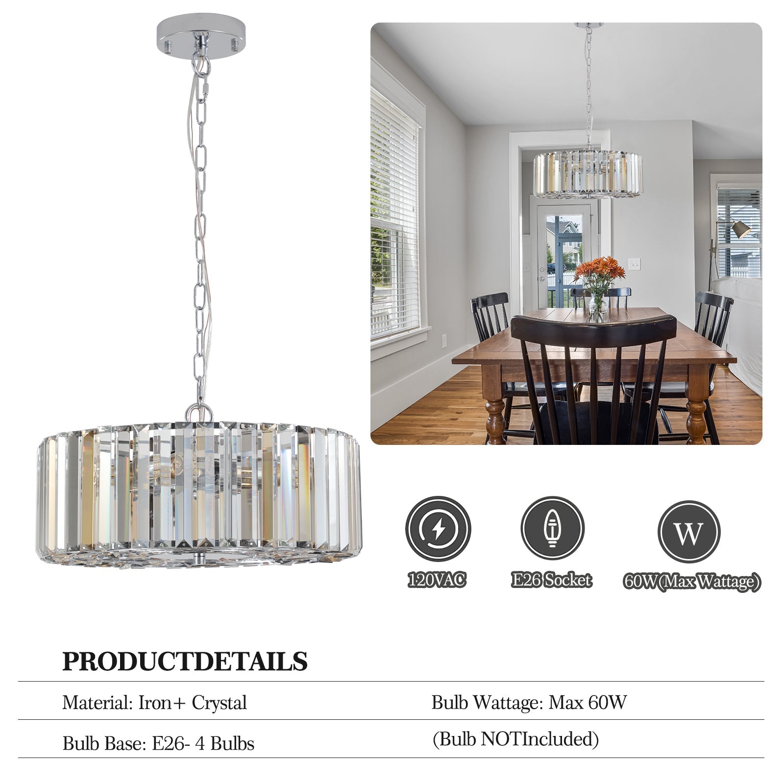 17' Chrome Crystal Pendant Chandelier by HouseOfZazla with crystal drum shade on Tampa Home & Garden Store