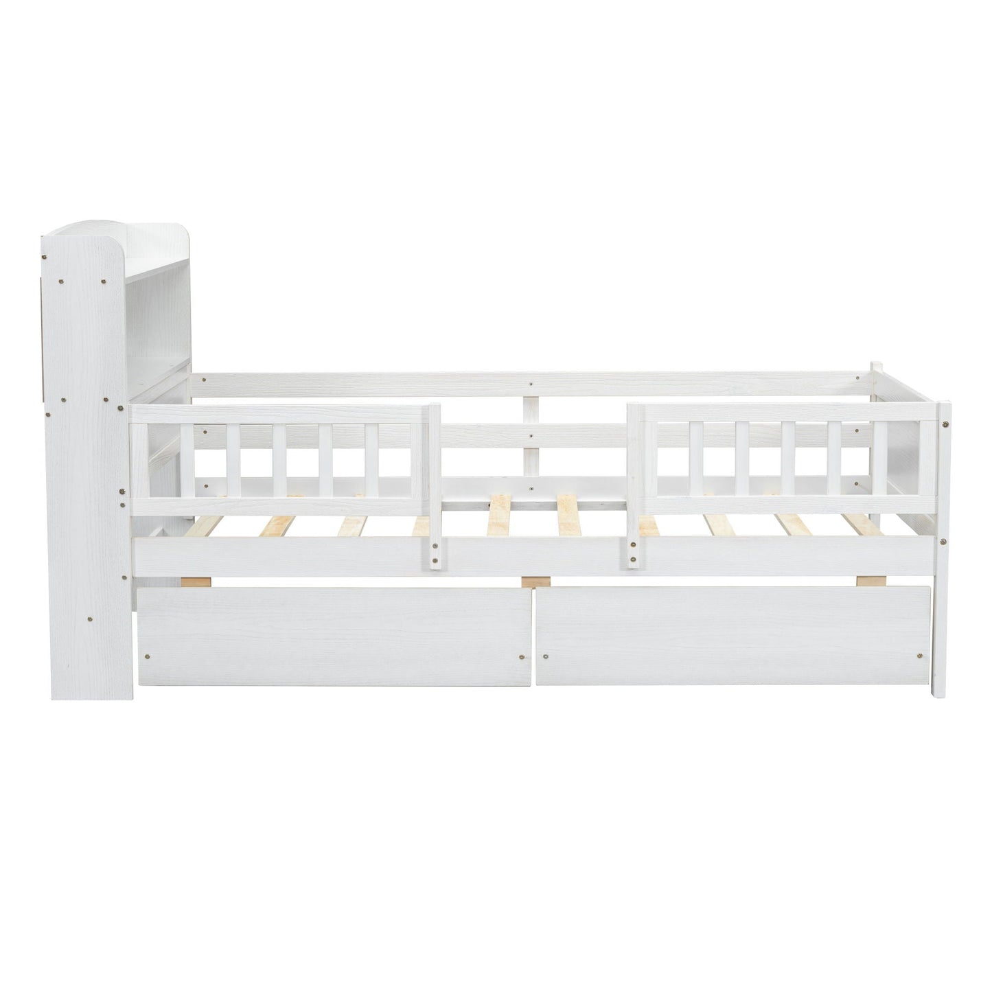 Platform bed frame in white wood with guardrail and two drawers, HouseOfZazla bed on Tampa Home & Garden Store
