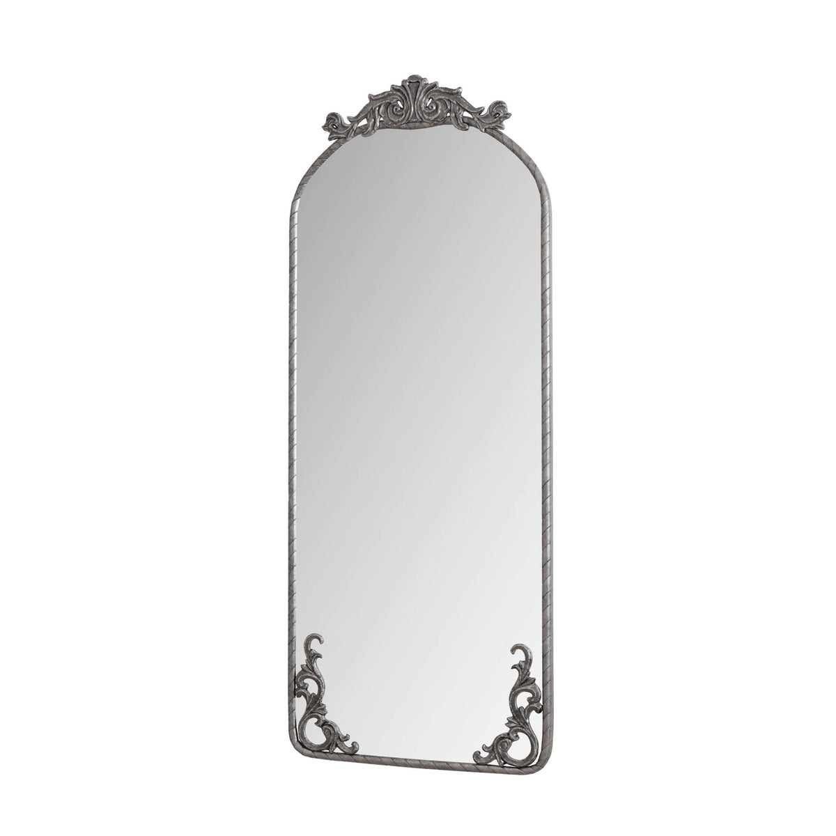 Arched wall mirror by HouseOfZazla with vintage carved applique in bronze or pearl silver crest on Tampa Home & Garden Store