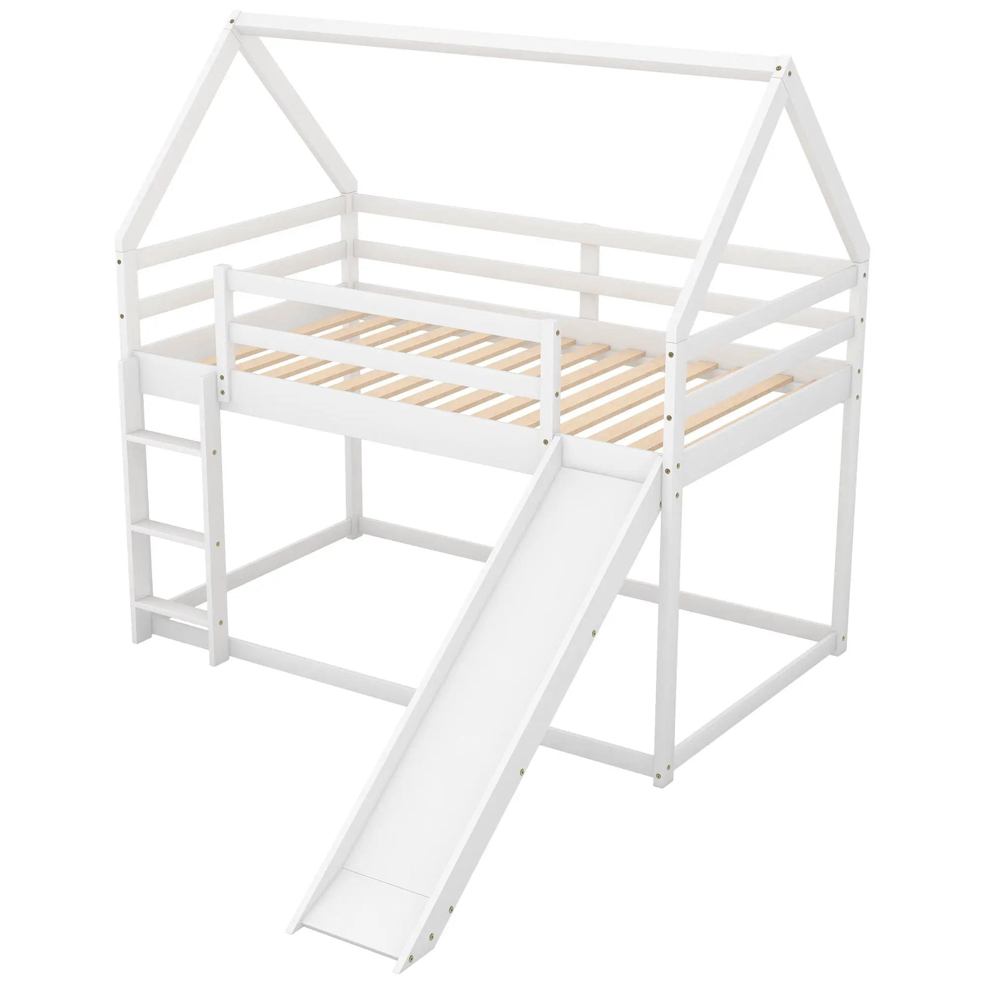 House Shape Bunk Bed with Slide and Ladder, white wood frame, Unique Piece Furniture on Tampa Home & Garden Store