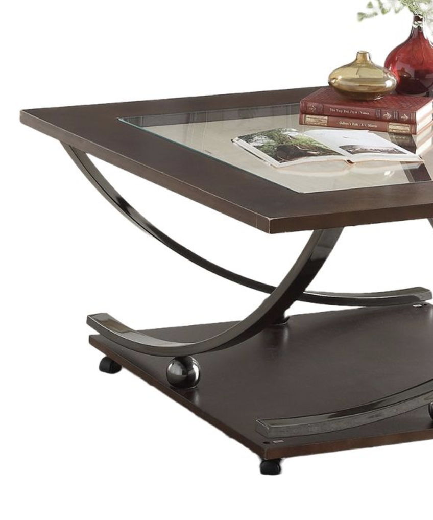 Isiah Coffee Table by HouseOfZazla, dark brown frame with glass top and curved metal legs on Tampa Home & Garden Store