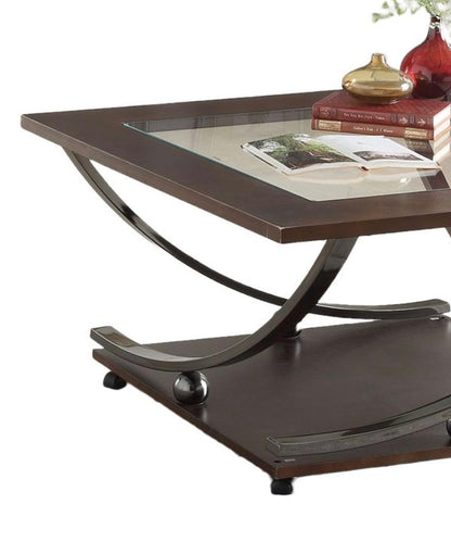 Isiah Coffee Table by HouseOfZazla, dark brown frame with glass top and curved metal legs on Tampa Home & Garden Store