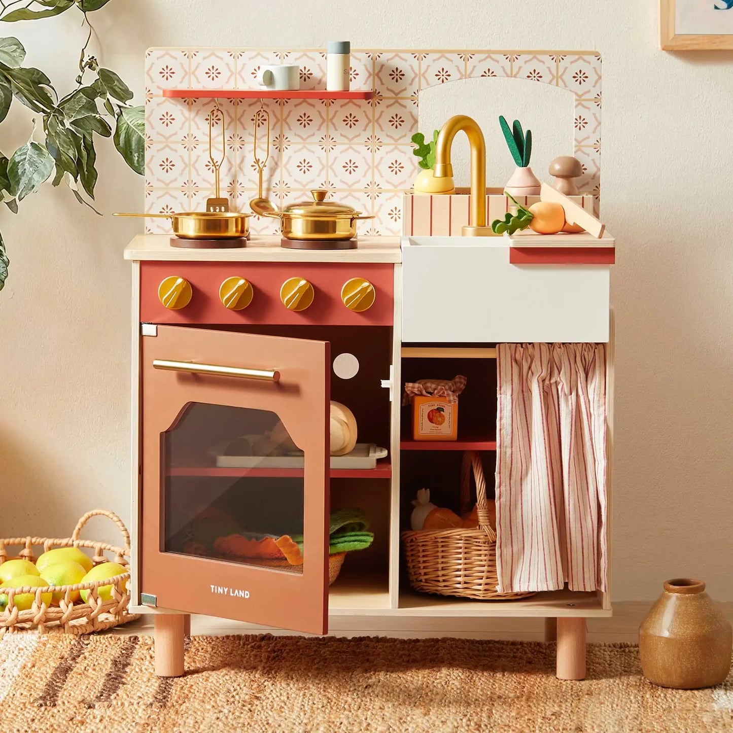 Tiny Land INC wooden play kitchen honey kitchenette pink stove with gold knobs sink on Tampa Home & Garden Store