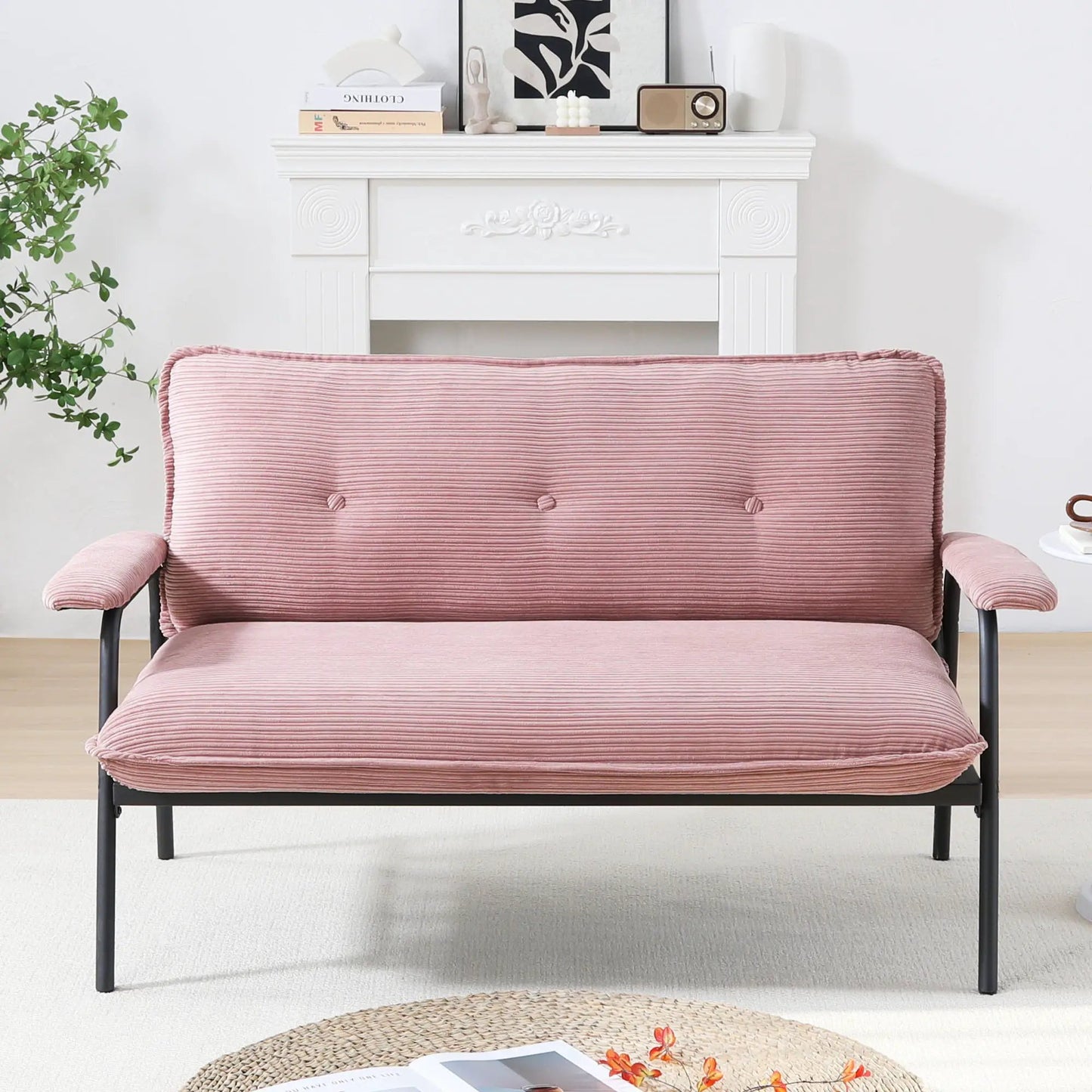 Modern metal-frame sofa in pink corduroy with sponge cushions for compact spaces on Tampa Home & Garden Store