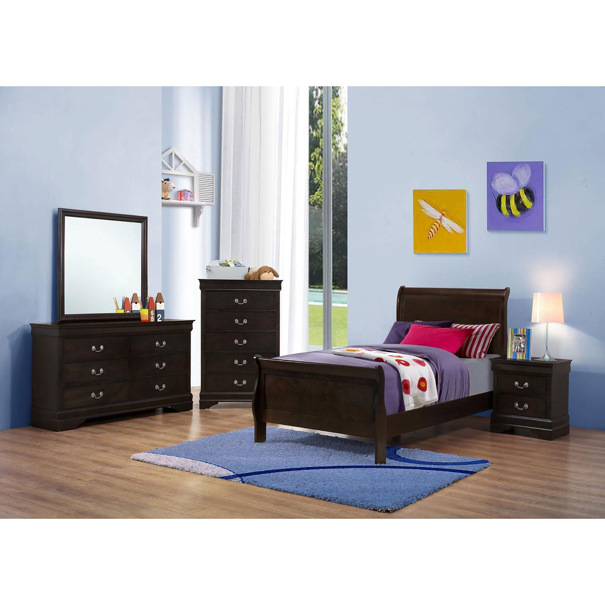 Graffenstaden Sleigh Bed by HouseOfZazla in dark wood with matching dressers in a bedroom on Tampa Home & Garden Store
