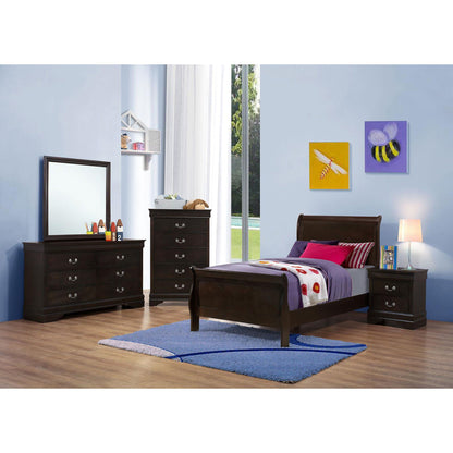 Graffenstaden Sleigh Bed by HouseOfZazla in dark wood with matching dressers in a bedroom on Tampa Home & Garden Store