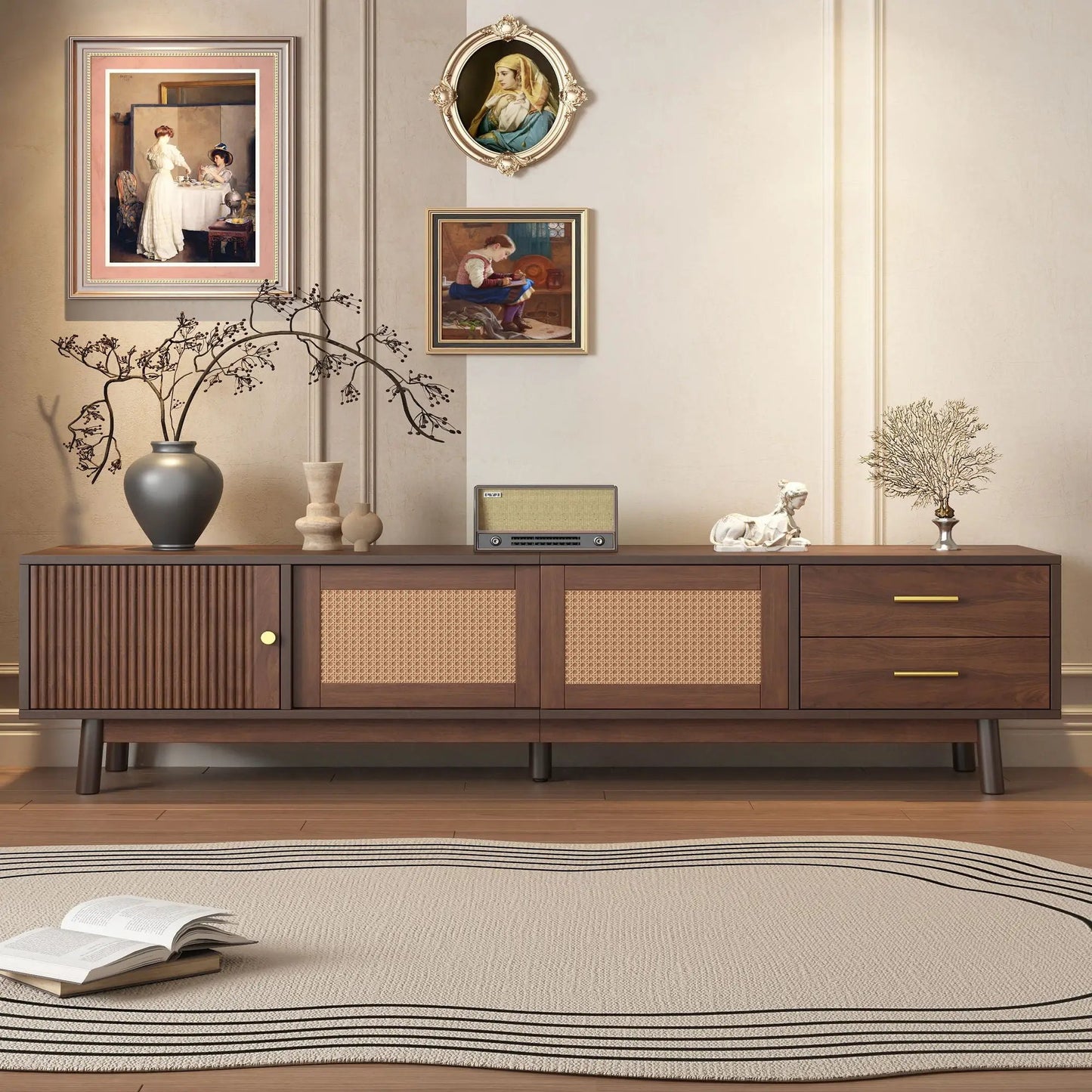 Dark brown TV stand for 80in TVs with sliding doors and drawers, woven cane panel accents on Tampa Home & Garden Store