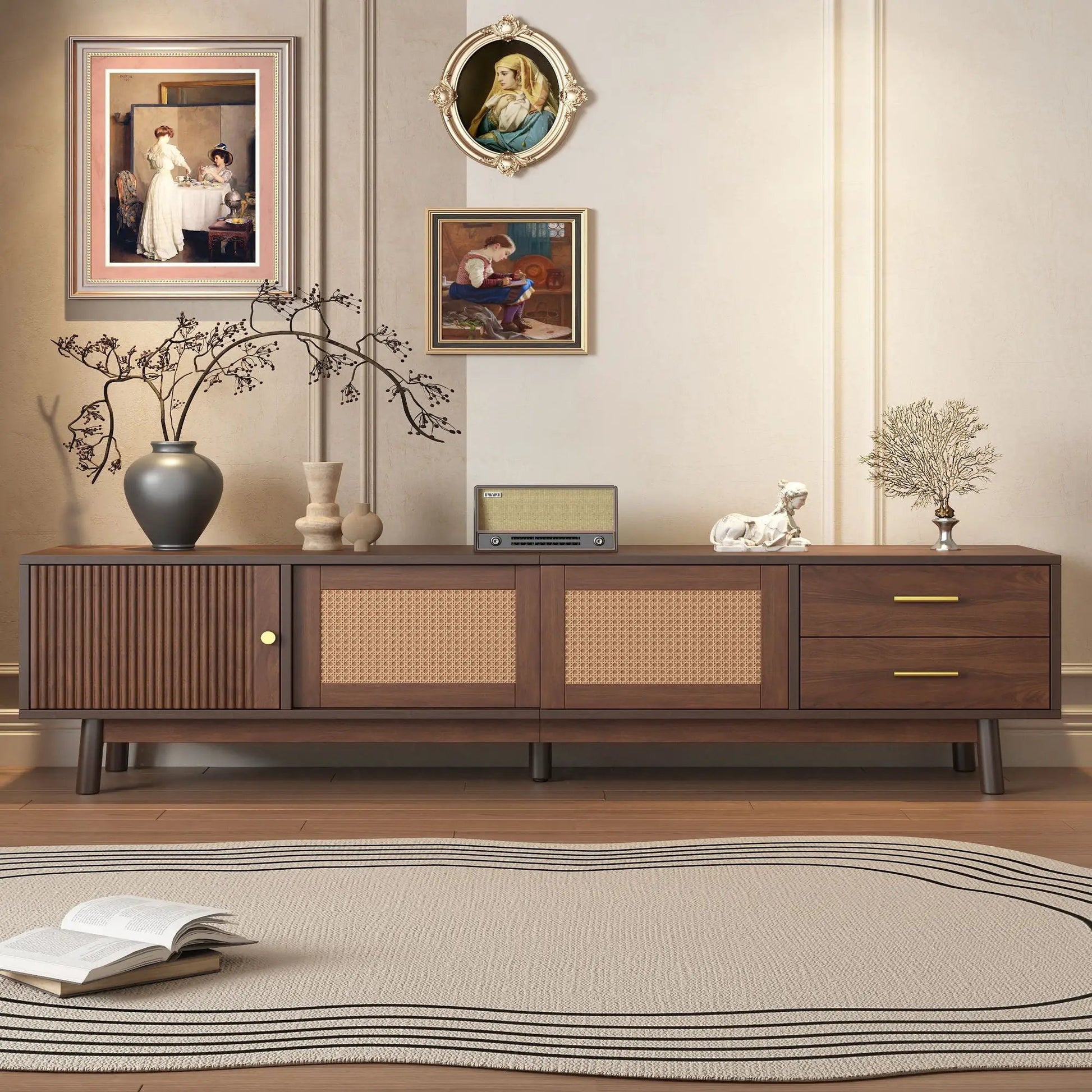 Dark brown TV stand for 80in TVs with sliding doors and drawers, woven cane panel accents on Tampa Home & Garden Store