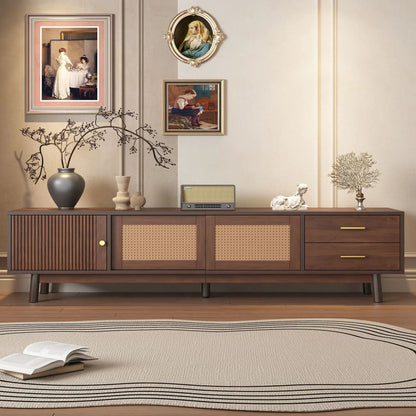 Dark brown TV stand for 80in TVs with sliding doors and drawers, woven cane panel accents on Tampa Home & Garden Store