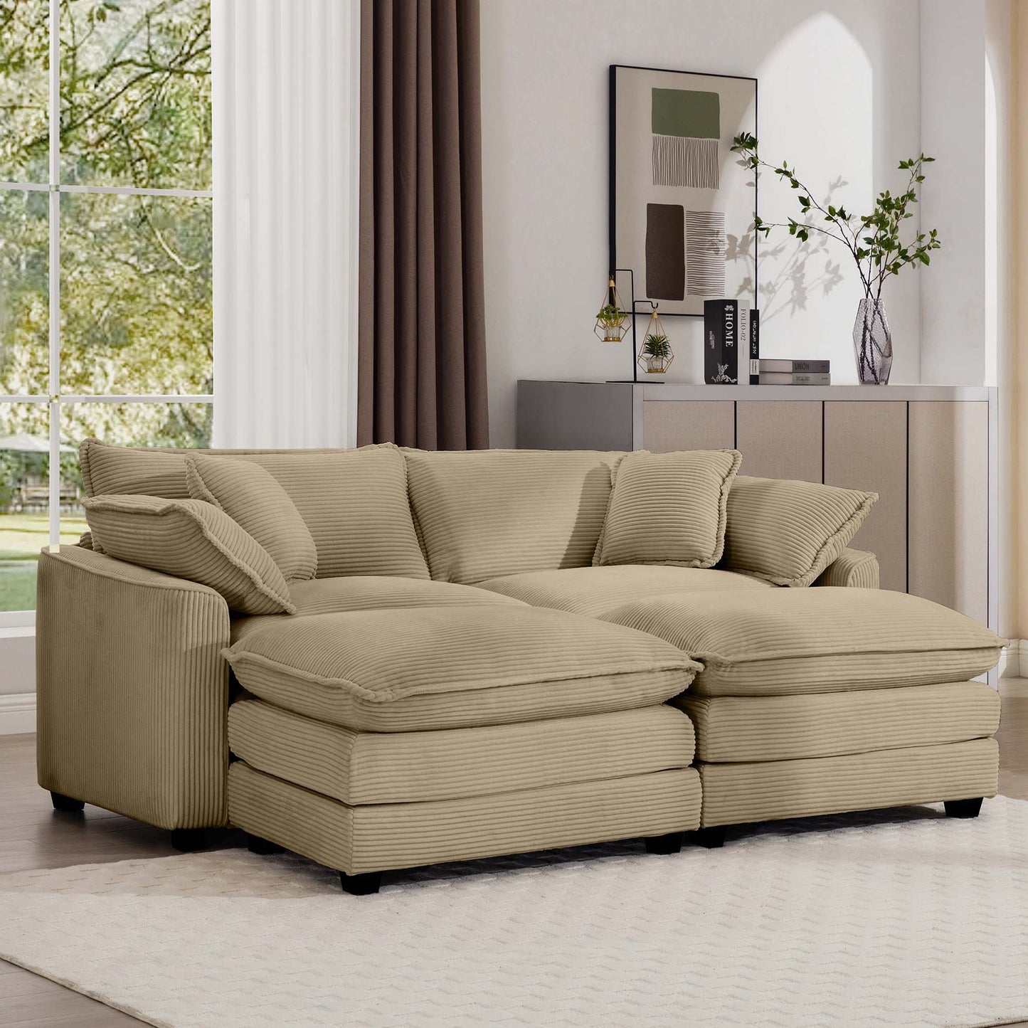 Modern oversized modular cushion sofa with ottoman beige fabric HouseOfZazla deep seating on Tampa Home & Garden Store
