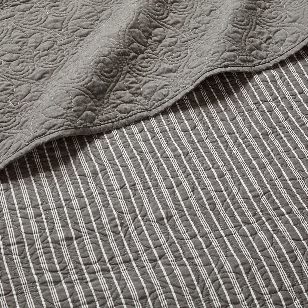 6 Piece Reversible Daybed Cover Set Dark by HouseOfZazla, quilted gray top with striped reverse on Tampa Home & Garden Store