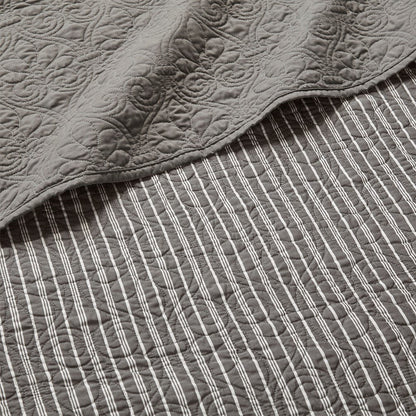 6 Piece Reversible Daybed Cover Set Dark by HouseOfZazla, quilted gray top with striped reverse on Tampa Home & Garden Store