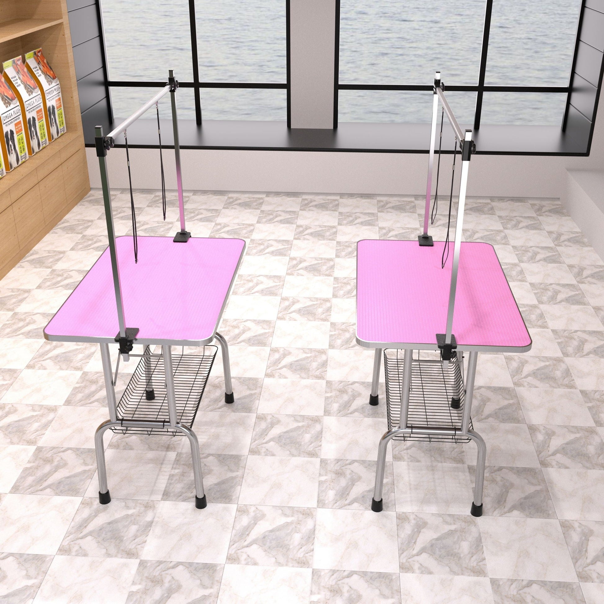 Pair of folding pet grooming tables with stainless steel frames, pink mats and clamps on Tampa Home & Garden Store
