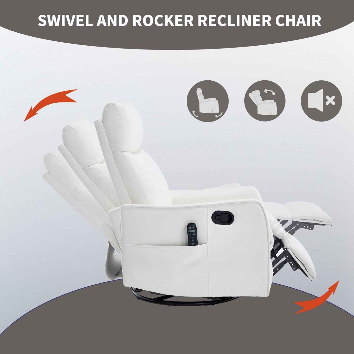 White faux leather heat massage manual recliner with rocker and swivel HouseOfZazla on Tampa Home & Garden Store