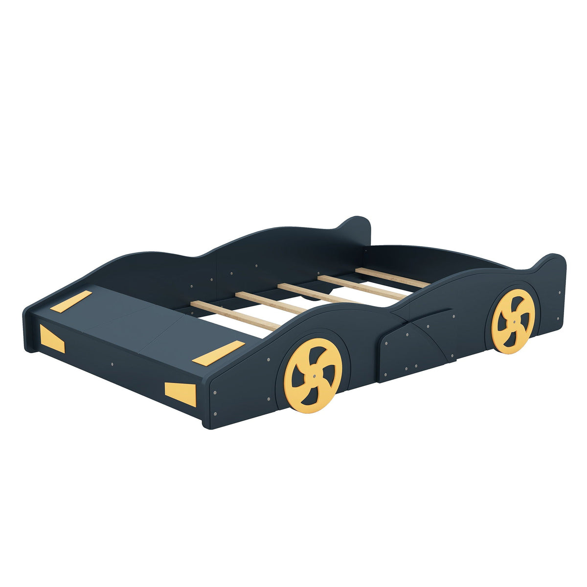 Race car bed with wheels and storage, dark navy with yellow wheels by HouseOfZazla on Tampa Home & Garden Store