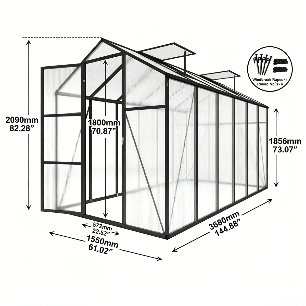 Windproof greenhouse with raised base black frame polycarbonate panels HouseOfZazla on Tampa Home & Garden Store