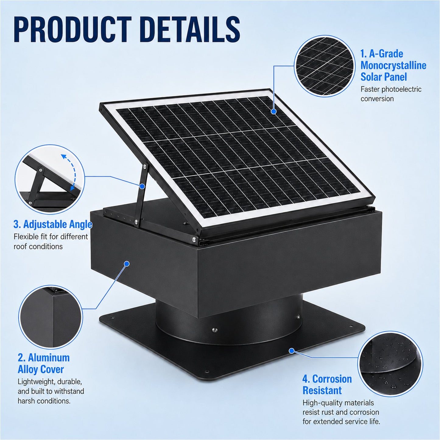 14-inch adjustable solar roof exhaust fan with 60W black dual-power attic ventilator on Tampa Home & Garden Store