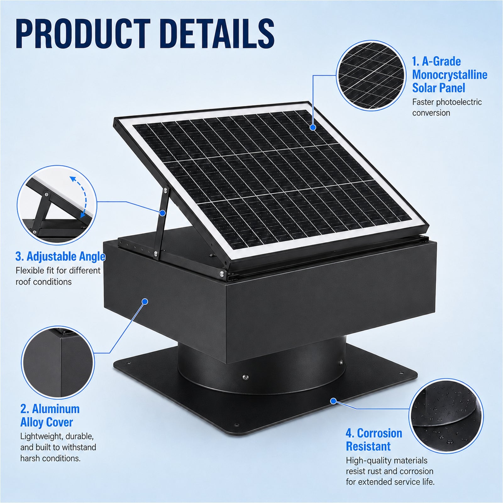 14-inch adjustable solar roof exhaust fan with 60W black dual-power attic ventilator on Tampa Home & Garden Store