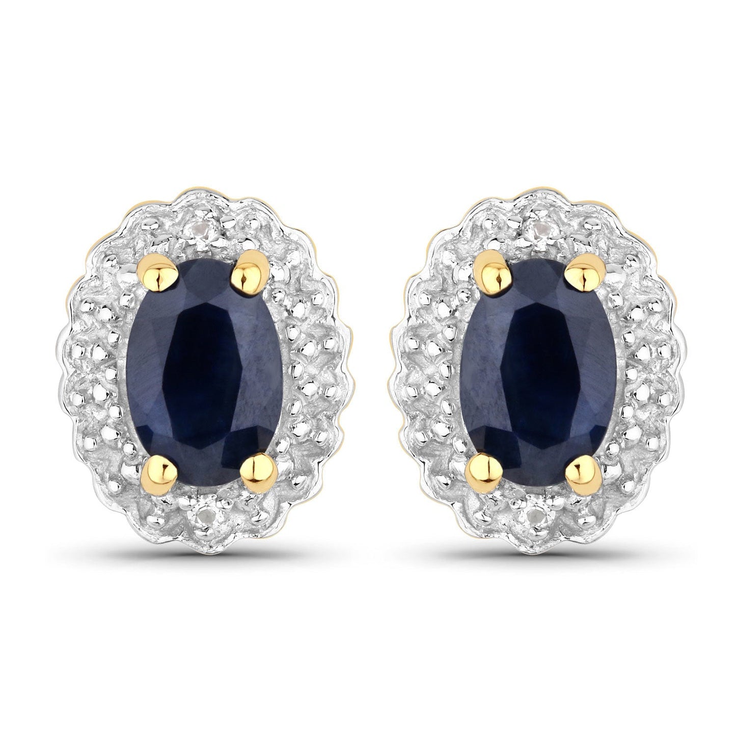 Pair of .925 silver earrings with oval blue sapphire centers, white topaz halo and gold prongs on Tampa Home & Garden Store