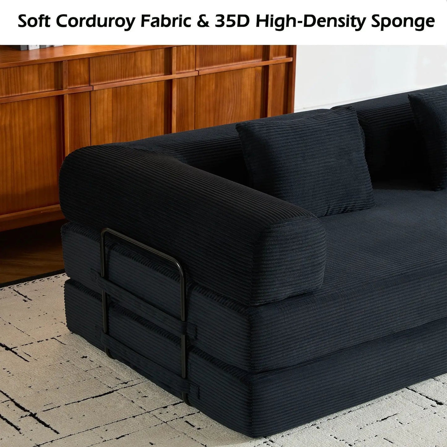 Futon sofa bed with cylindrical pillow in black corduroy, fixed-frame design on Tampa Home & Garden Store