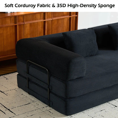 Futon sofa bed with cylindrical pillow in black corduroy, fixed-frame design on Tampa Home & Garden Store