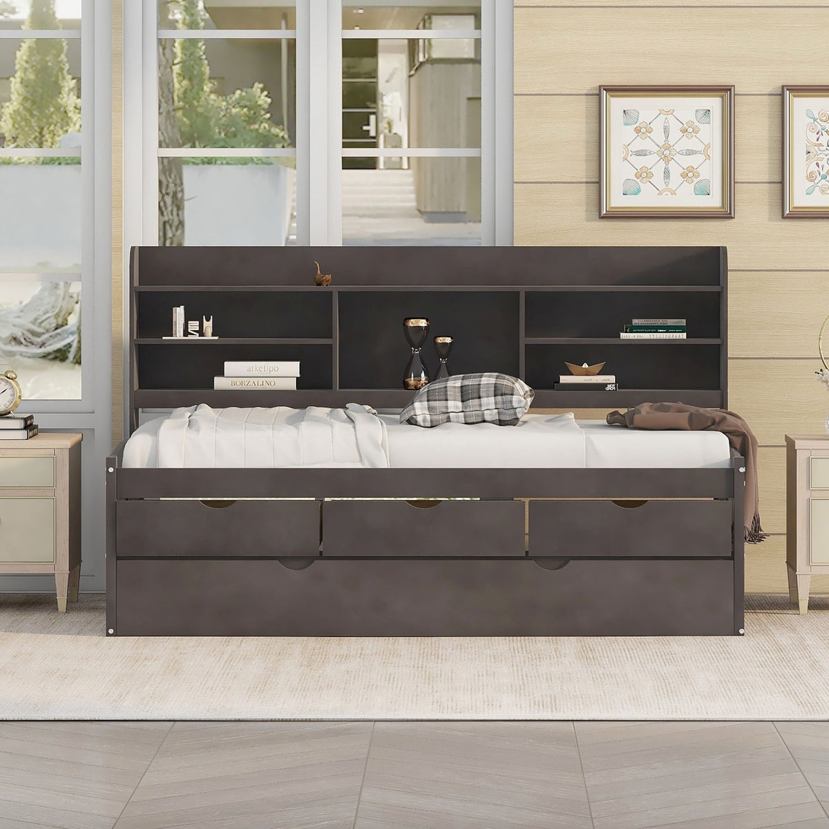 Captain Bed with built-in bookshelves, trundle, 3 drawers in dark gray by HouseOfZazla on Tampa Home & Garden Store