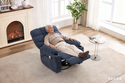 Heat Massage Electric Recliner Chair by HouseOfZazla in blue fabric with rocker and swivel on Tampa Home & Garden Store