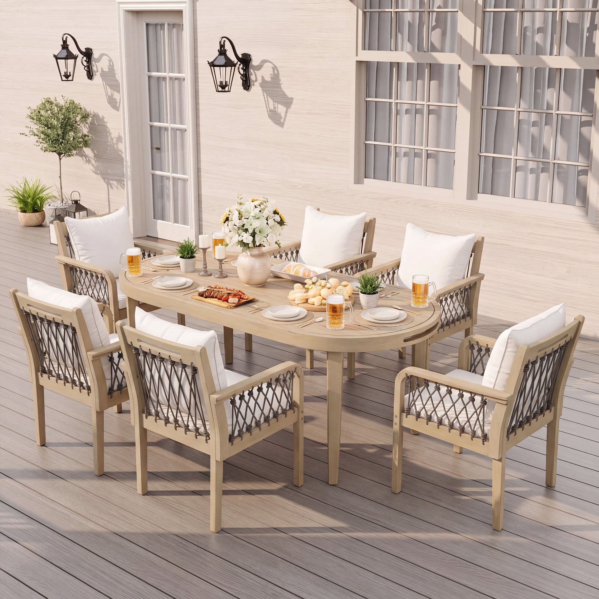 7-Piece Outdoor Acacia Wood Dining Set with natural finish and cushioned chairs on Tampa Home & Garden Store