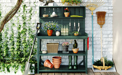 TOPMAX 65in Large Wooden Farmhouse Potting Bench teal-green with shelves HouseOfZazla on Tampa Home & Garden Store