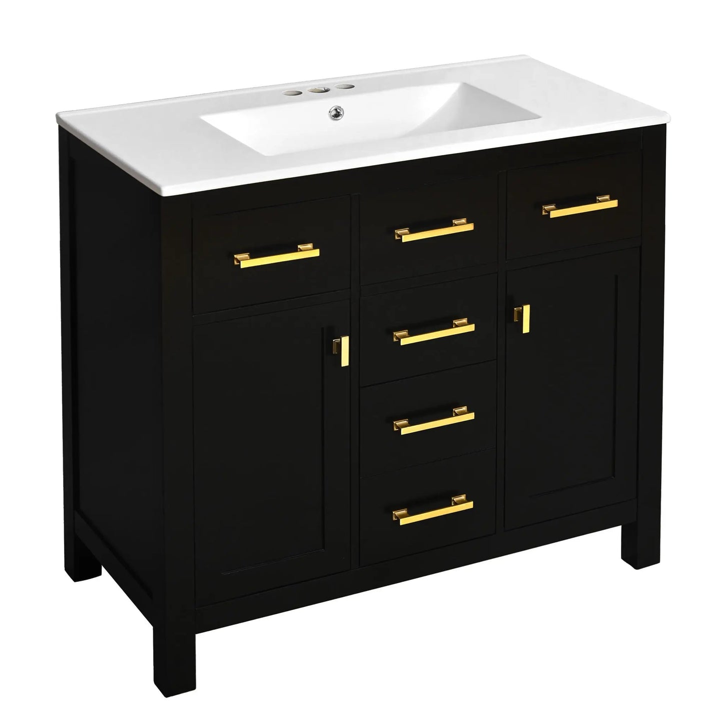 Bathroom vanity with sink combo, black wood cabinet with four drawers and gold handles on Tampa Home & Garden Store