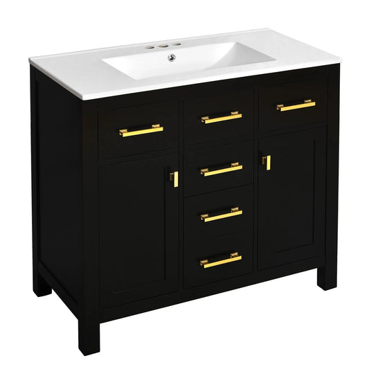 Bathroom vanity with sink combo, black wood cabinet with four drawers and gold handles on Tampa Home & Garden Store