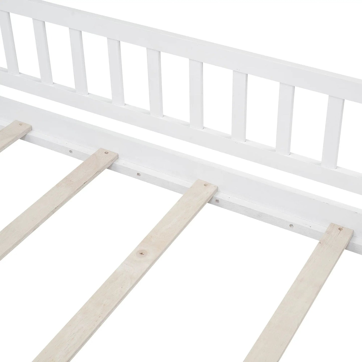 Bed House Bed Frame With Fence, white painted with vertical slats and a wooden slat base on Tampa Home & Garden Store