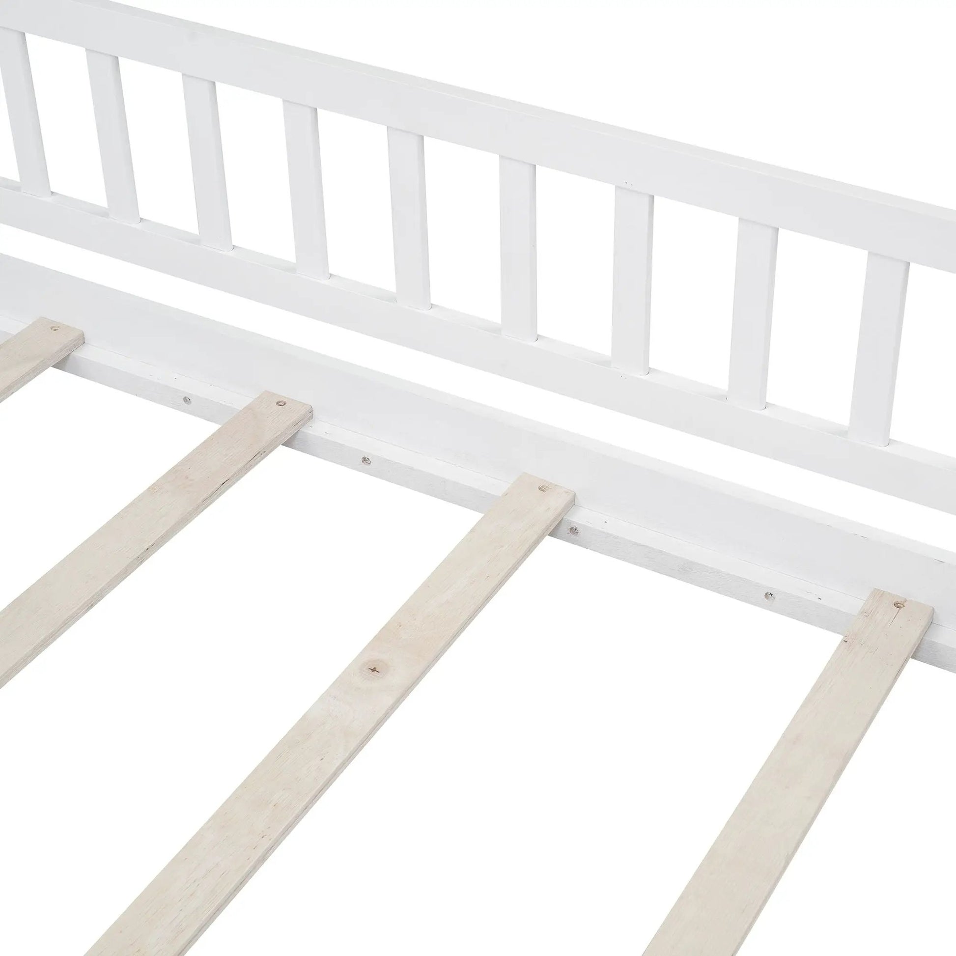 Bed House Bed Frame With Fence, white painted with vertical slats and a wooden slat base on Tampa Home & Garden Store