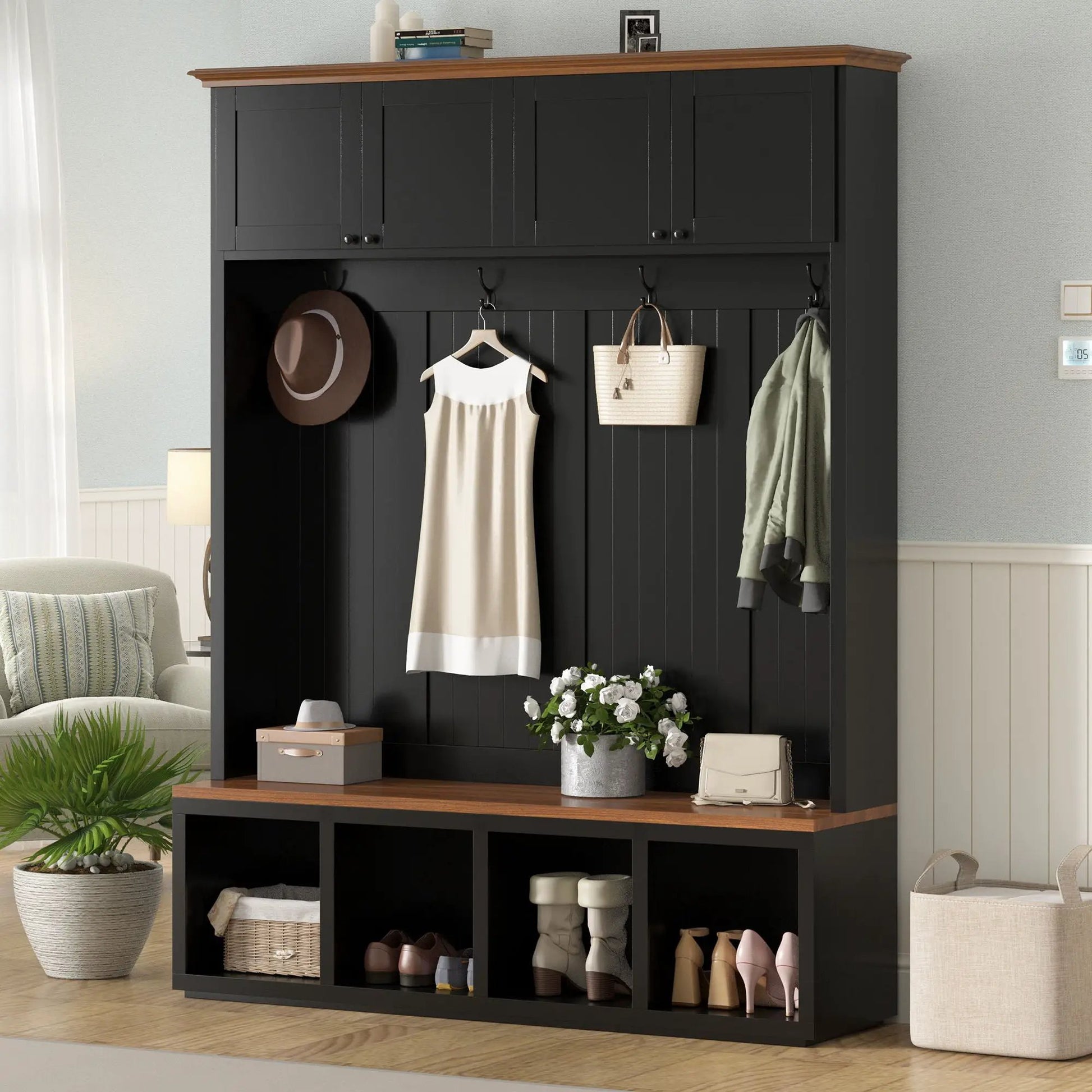 Entryway hall tree with bench and storage in dark charcoal finish by Unique Piece Furniture on Tampa Home & Garden Store