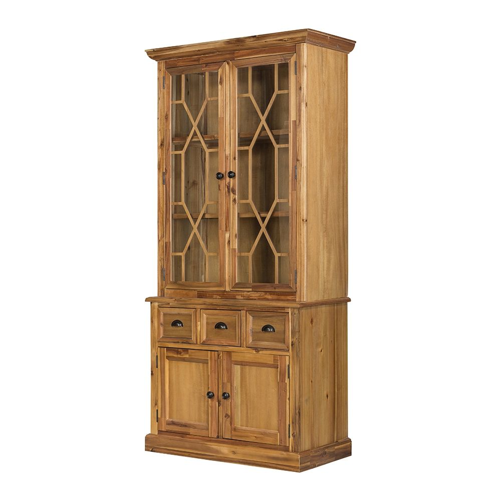 Solid acacia wood accent cabinet with glass doors and lattice panels, natural finish on Tampa Home & Garden Store