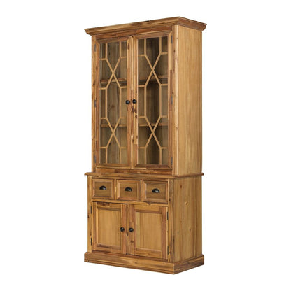 Solid acacia wood accent cabinet with glass doors and lattice panels, natural finish on Tampa Home & Garden Store