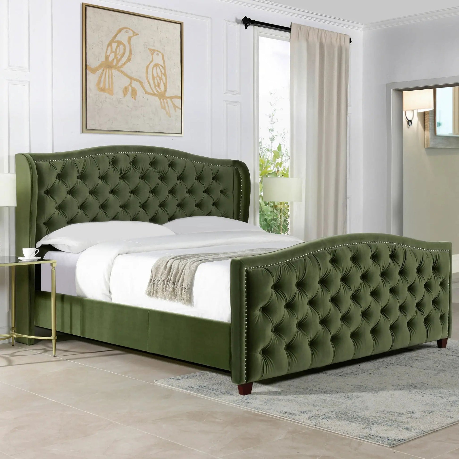 Marcella Upholstered Shelter Bed Set in green velvet with tufted headboard and footboard on Tampa Home & Garden Store