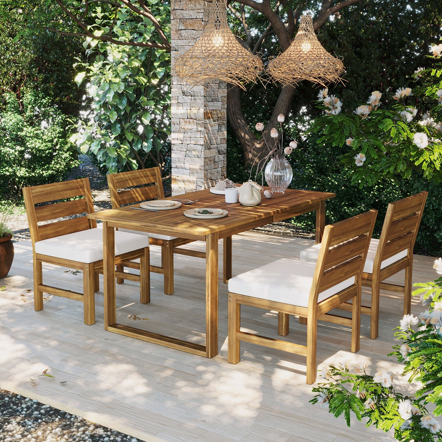 U_STYLE Farmhouse 5-Piece Outdoor Patio Dining Set, wooden table with white cushioned chairs on Tampa Home & Garden Store