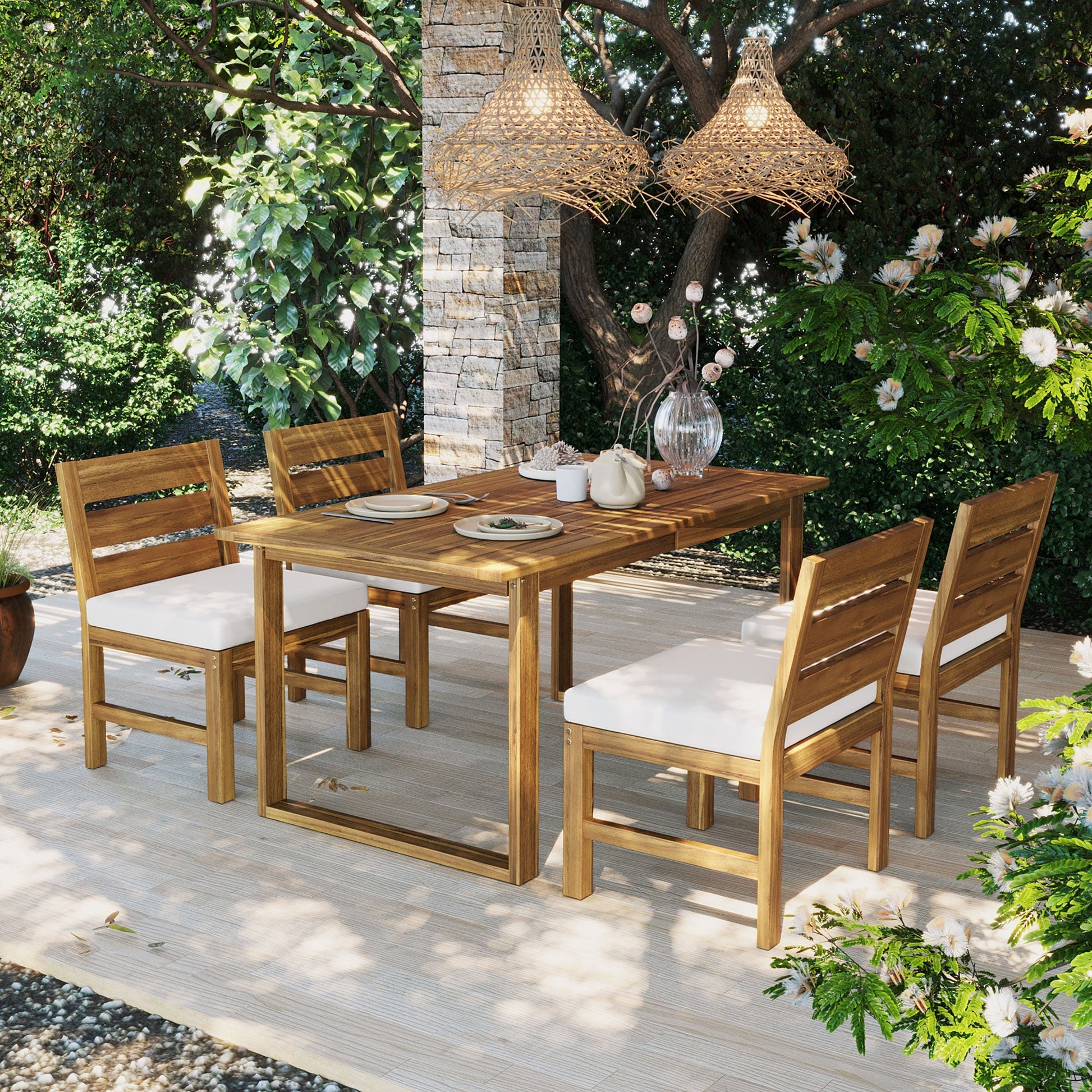 U_STYLE Farmhouse 5-Piece Outdoor Patio Dining Set, wooden table with white cushioned chairs on Tampa Home & Garden Store