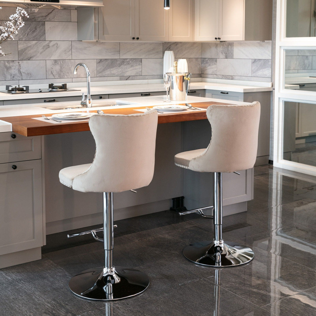 Swivel adjustable-height bar stools set of 2 in beige upholstery with chrome bases on Tampa Home & Garden Store